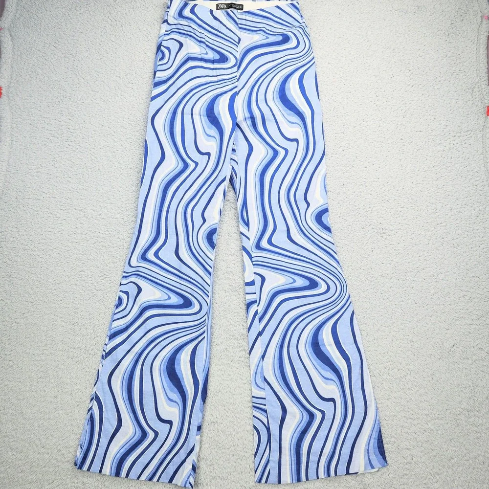ZARA Womens Linen Blend Pants Sz S Split Hem Blue White Swirl Print Retro Wide